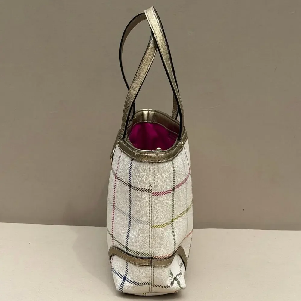 Coach Peyton Small Tattersall Plaid Tote Coated Canvas Leather Trim F48586